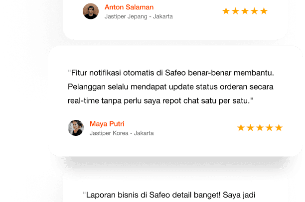 Customer testimonials from Anton Salaman and Maya Putri